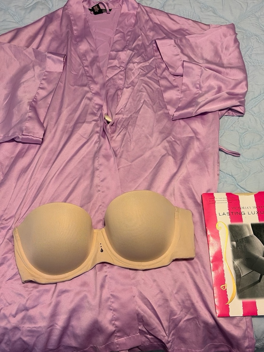 Soma Strapless Nude Bra with Lilac Satin Robe, and cream hose